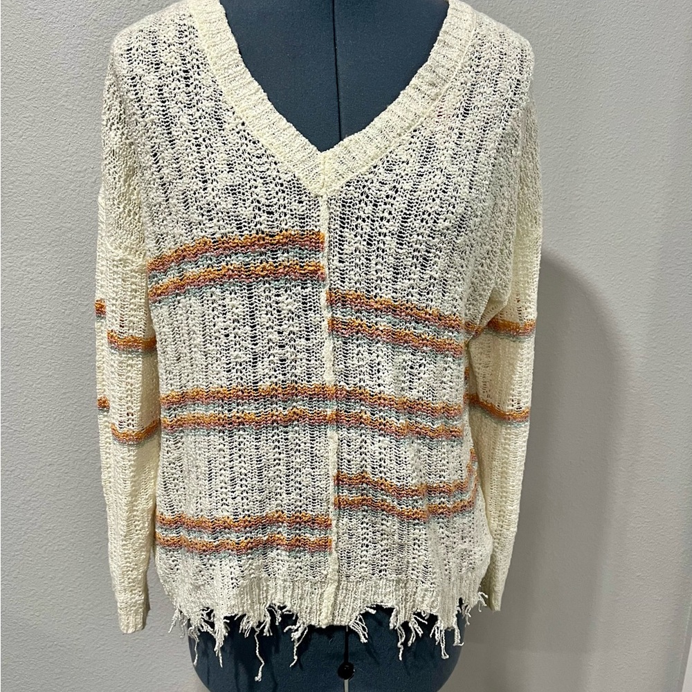 Daytrip V-Neck Sweater with Cream and Orange Stripes